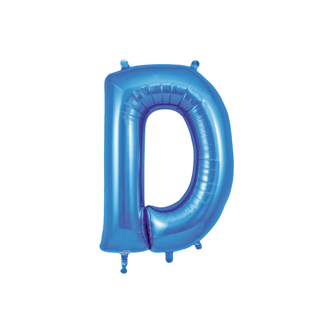 Blue 34in letter D foil balloon with glossy finish for birthday or celebration parties – from Parte Haus party supply store in Bethesda, Maryland.
