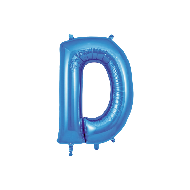 Blue 34in letter D foil balloon with glossy finish for birthday or celebration parties – from Parte Haus party supply store in Bethesda, Maryland.