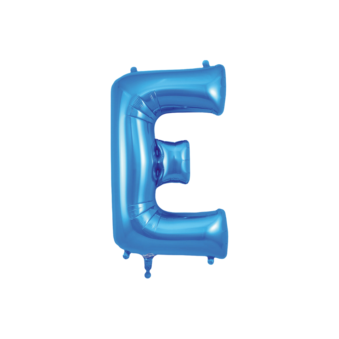 Blue 34in letter E foil balloon with glossy finish for birthday or celebration parties – from Parte Haus party supply store in Bethesda, MD.