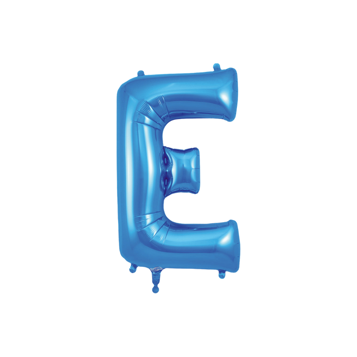 Blue 34in letter E foil balloon with glossy finish for birthday or celebration parties – from Parte Haus party supply store in Bethesda, MD.