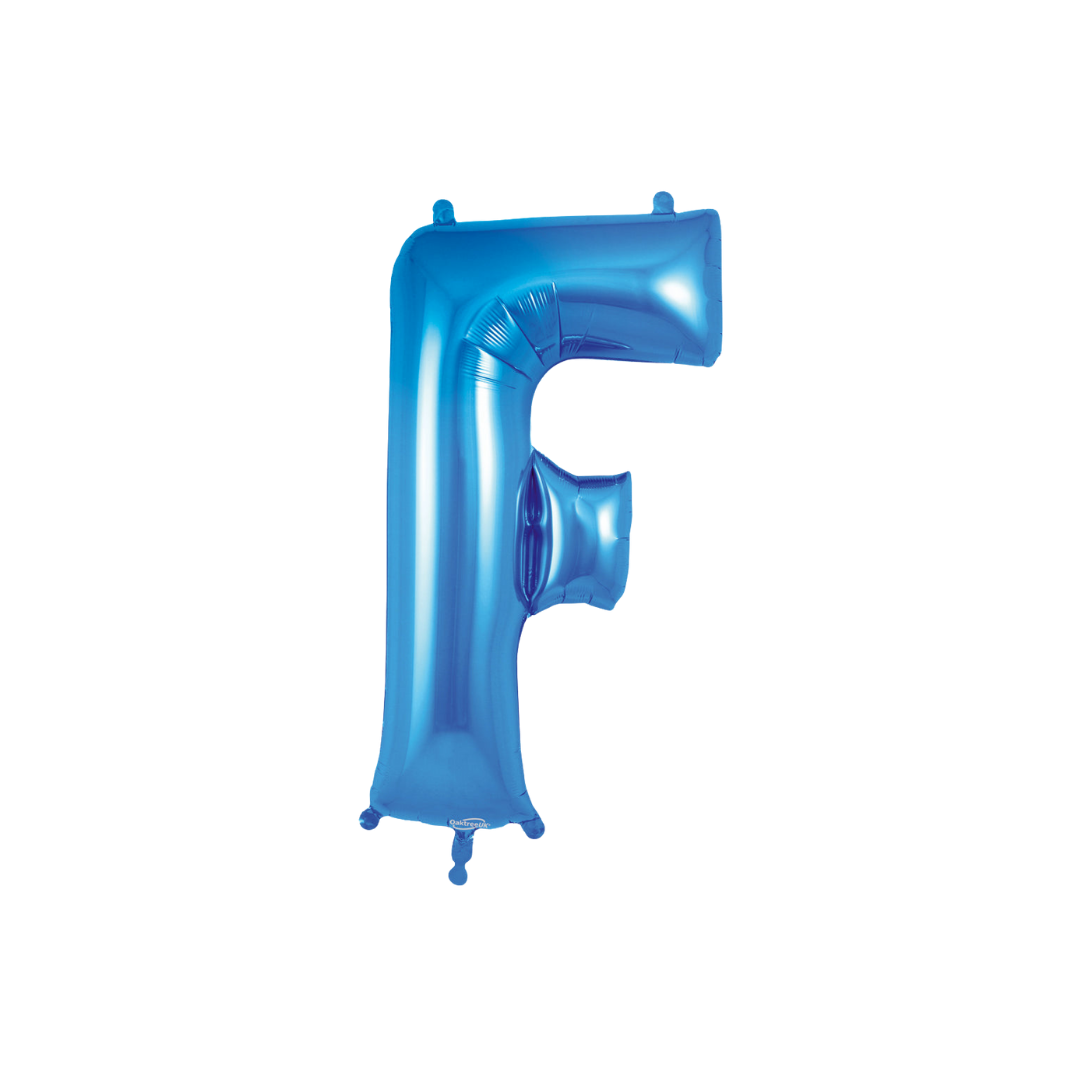 Blue 34in letter F foil balloon with glossy finish for birthday or celebration parties – from Parte Haus party supply store in Bethesda, Maryland.
