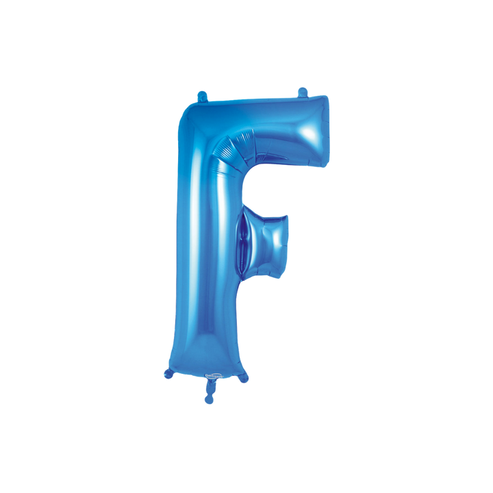 Blue 34in letter F foil balloon with glossy finish for birthday or celebration parties – from Parte Haus party supply store in Bethesda, Maryland.