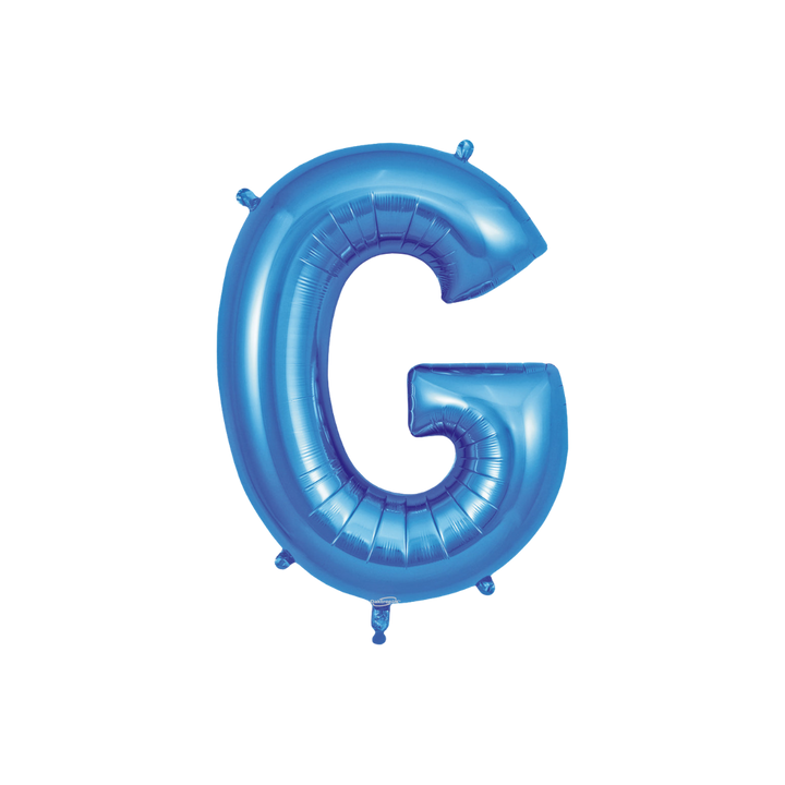 Blue 34in letter G foil balloon with glossy finish for birthday or celebration parties – from Parte Haus party supply store in Bethesda, MD.