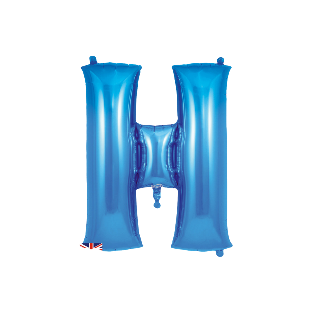 Blue 34in letter H foil balloon with glossy finish for birthday or celebration parties – from Parte Haus party supply store in Bethesda, Maryland.