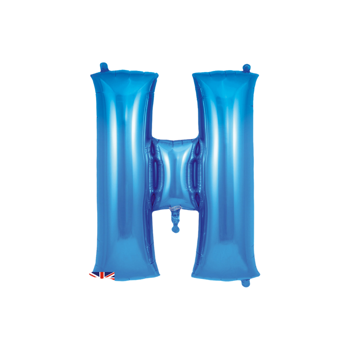 Blue 34in letter H foil balloon with glossy finish for birthday or celebration parties – from Parte Haus party supply store in Bethesda, Maryland.