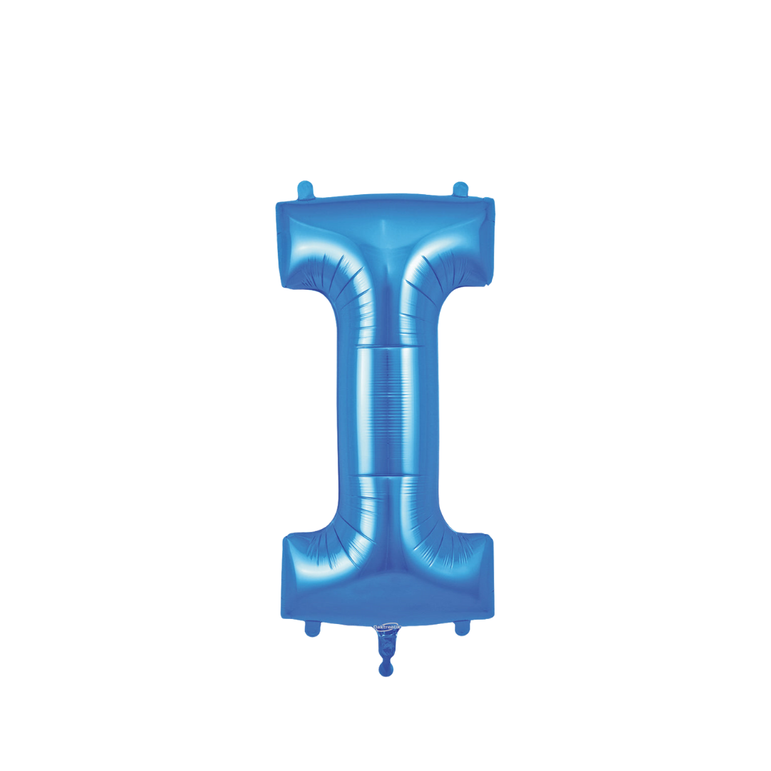 Blue 34in letter I foil balloon with glossy finish for birthday or celebration parties – from Parte Haus party supply store in Bethesda, Maryland.