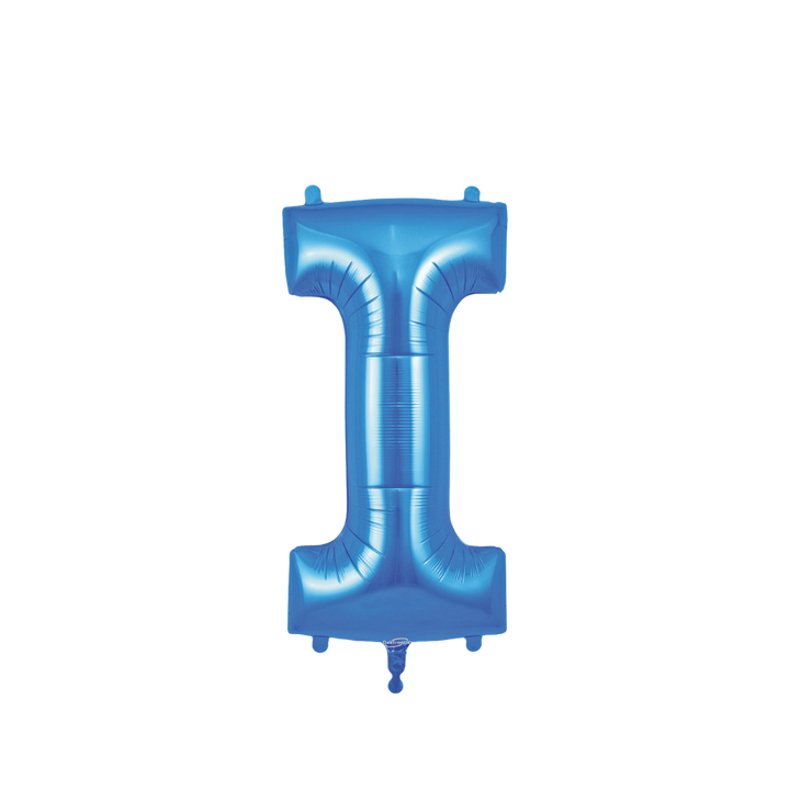 Blue 34in letter I foil balloon with glossy finish for birthday or celebration parties – from Parte Haus party supply store in Bethesda, Maryland.