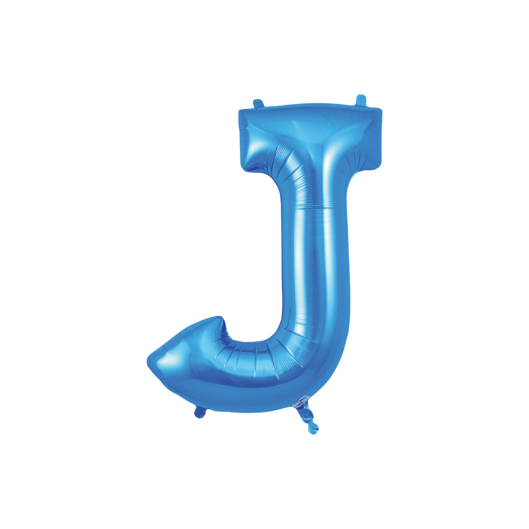 Blue 34in letter J foil balloon with glossy finish for birthday or celebration parties – from Parte Haus party supply store in Bethesda, MD.