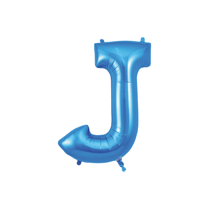 Blue 34in letter J foil balloon with glossy finish for birthday or celebration parties – from Parte Haus party supply store in Bethesda, MD.