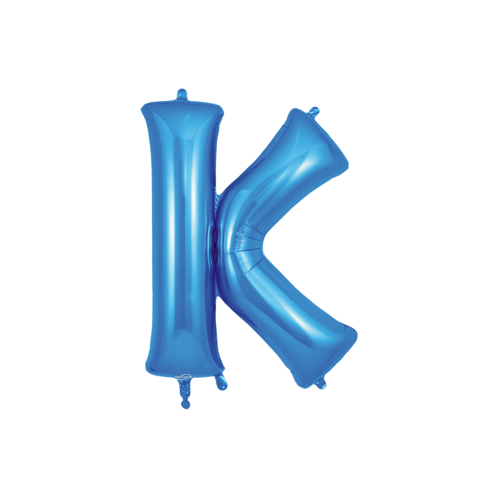 Blue 34in letter K foil balloon with glossy finish for birthday or celebration parties – from Parte Haus party supply store in Bethesda, Maryland.