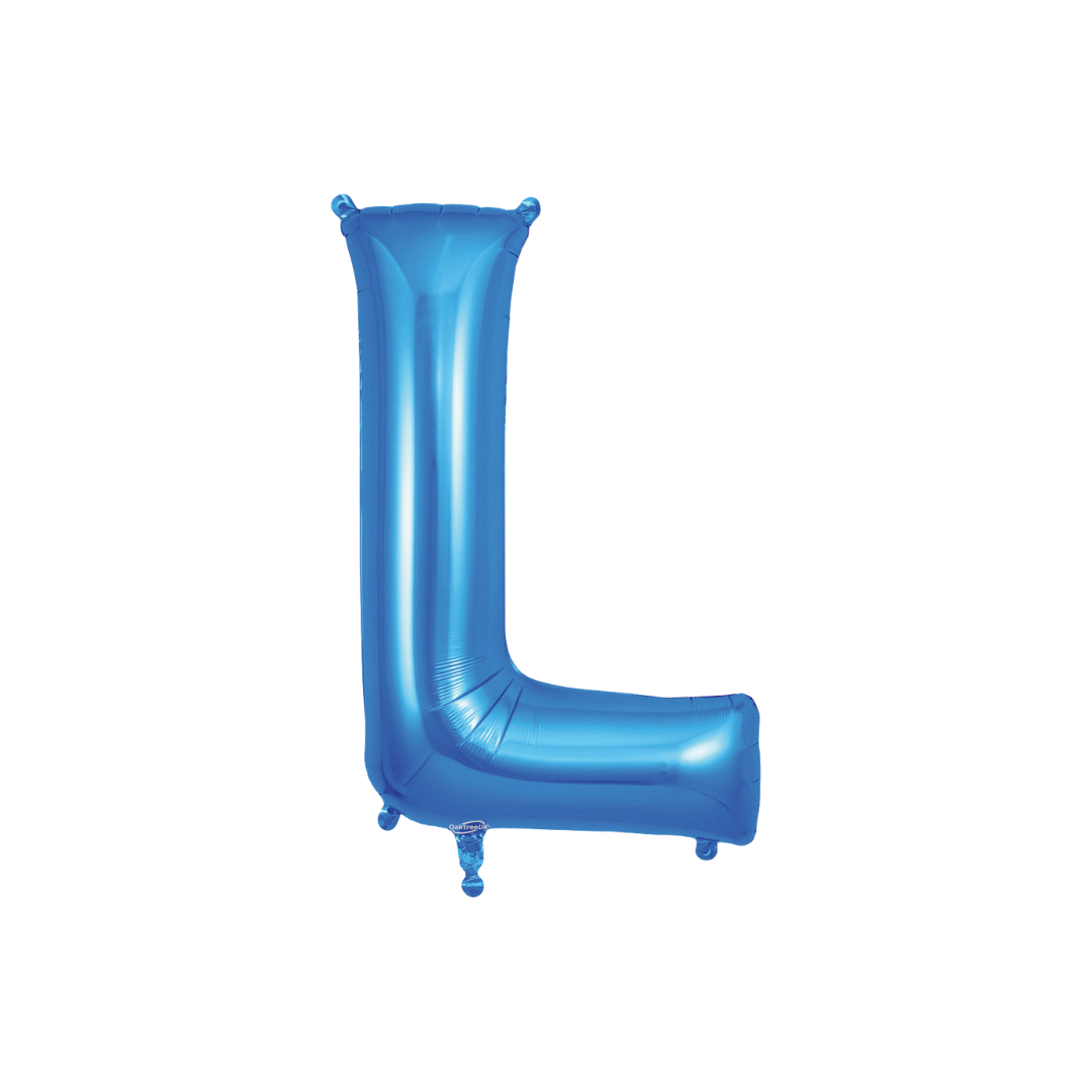 Blue 34in letter L foil balloon with glossy finish for birthday or celebration parties – from Parte Haus party supply store in Bethesda, MD.