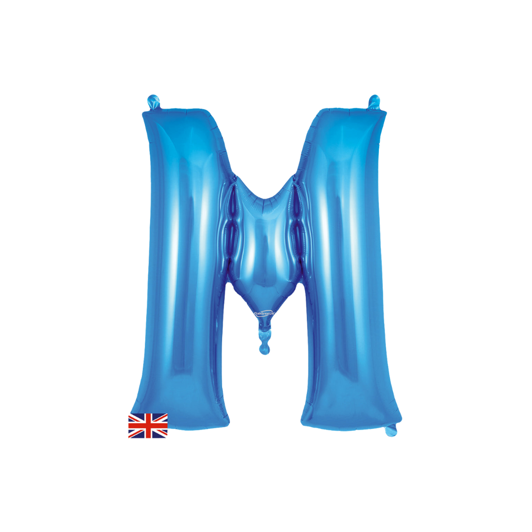 Blue 34in letter M foil balloon with glossy finish for birthday or celebration parties – from Parte Haus party supply store in Bethesda, Maryland.