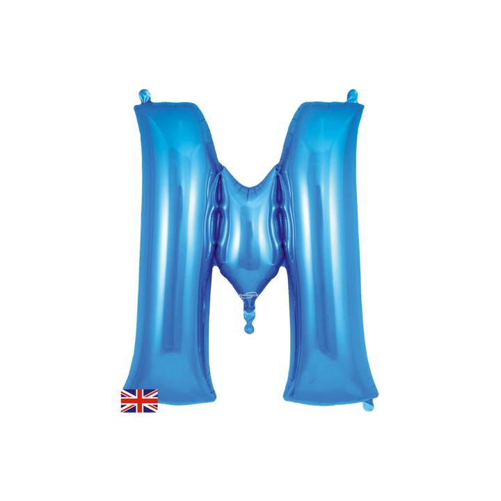 Blue 34in letter M foil balloon with glossy finish for birthday or celebration parties – from Parte Haus party supply store in Bethesda, Maryland.