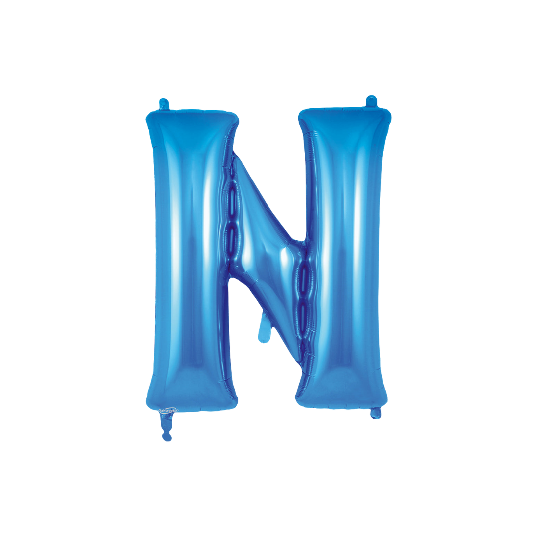Blue 34in letter N foil balloon with glossy finish for birthday or celebration parties – from Parte Haus party supply store in Bethesda, MD.