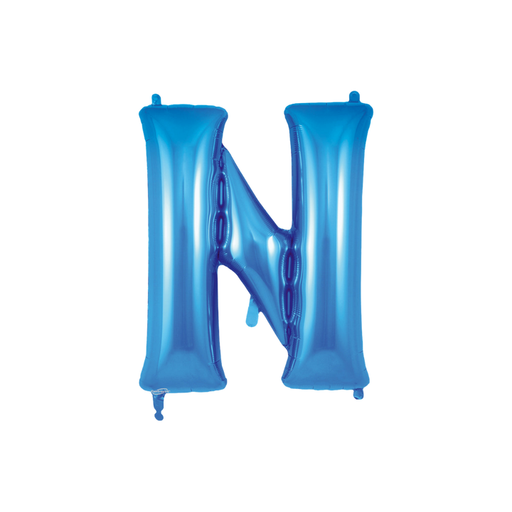 Blue 34in letter N foil balloon with glossy finish for birthday or celebration parties – from Parte Haus party supply store in Bethesda, MD.