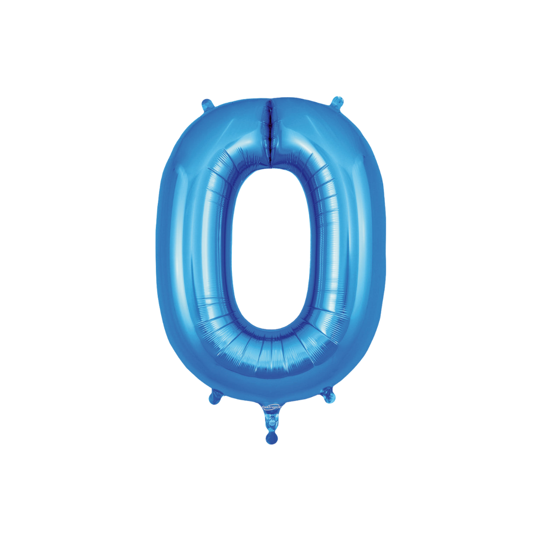 Blue 34in letter O foil balloon with glossy finish for birthday or celebration parties – from Parte Haus party supply store in Bethesda, Maryland.
