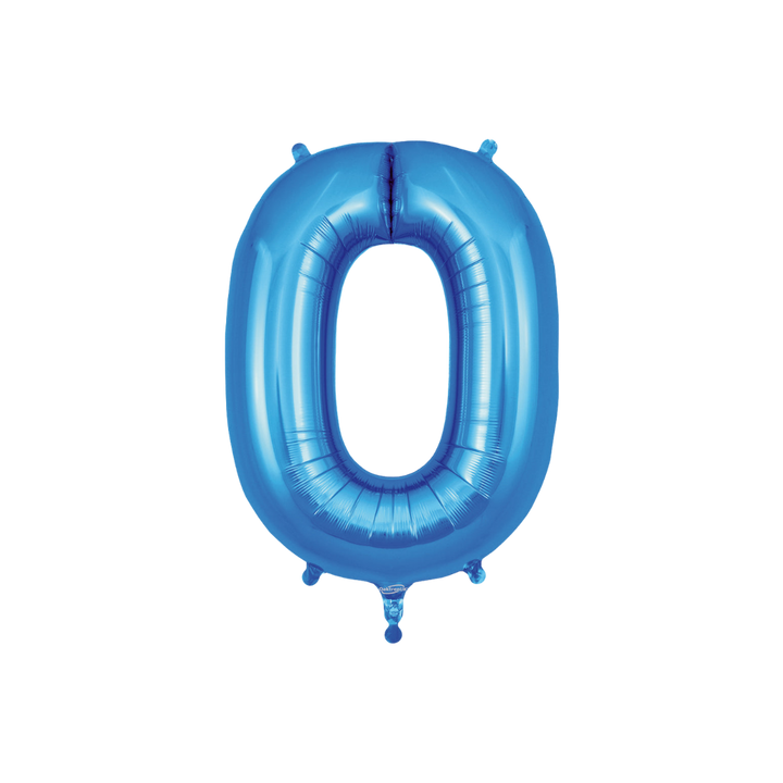 Blue 34in letter O foil balloon with glossy finish for birthday or celebration parties – from Parte Haus party supply store in Bethesda, Maryland.