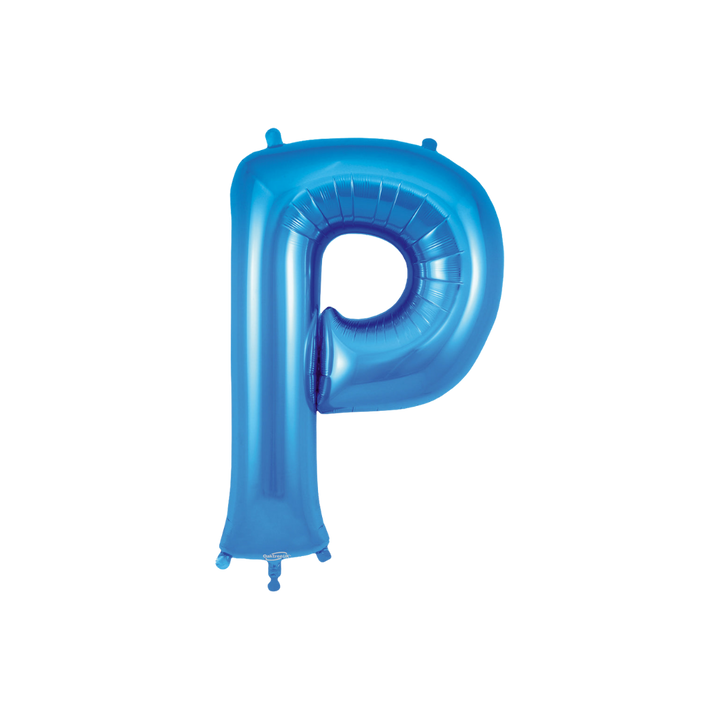 Blue 34in letter P foil balloon with glossy finish for birthday or celebration parties – from Parte Haus party supply store in Bethesda, MD.