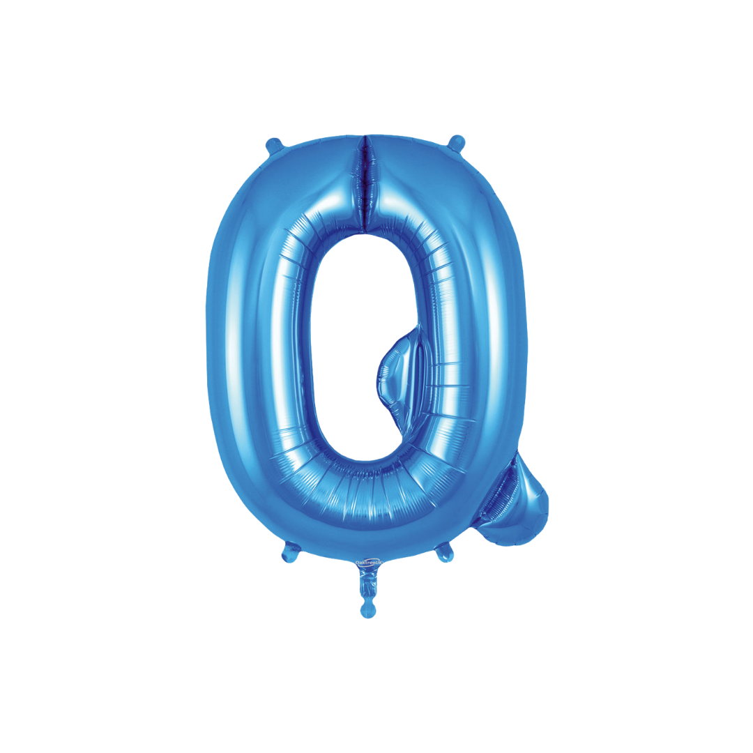 Blue 34in letter Q foil balloon with glossy finish for birthday or celebration parties – from Parte Haus party supply store in Bethesda, Maryland.