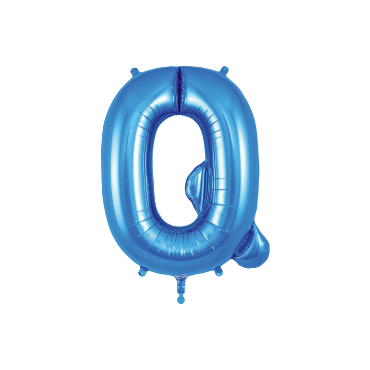 Blue 34in letter Q foil balloon with glossy finish for birthday or celebration parties – from Parte Haus party supply store in Bethesda, Maryland.