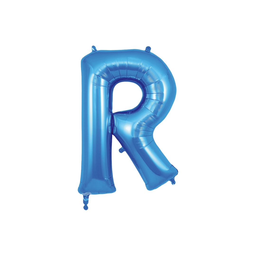 Blue 34in letter R foil balloon with glossy finish for birthday or celebration parties – from Parte Haus party supply store in Bethesda, MD.