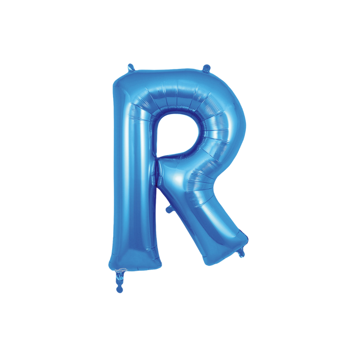 Blue 34in letter R foil balloon with glossy finish for birthday or celebration parties – from Parte Haus party supply store in Bethesda, MD.