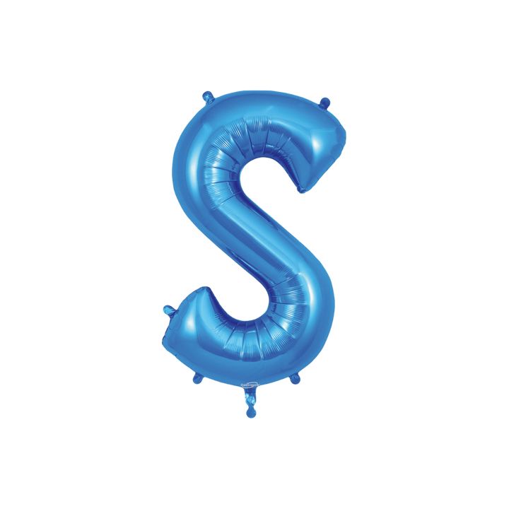 Blue 34in letter S foil balloon with glossy finish for birthday or celebration parties – from Parte Haus party supply store in Bethesda, Maryland.