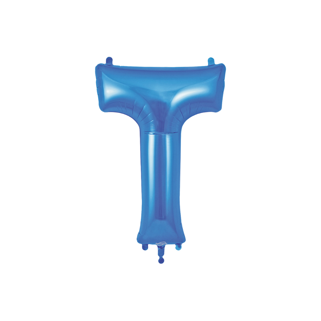 Blue 34in letter T foil balloon with glossy finish for birthday or celebration parties – from Parte Haus party supply store in Bethesda, MD.
