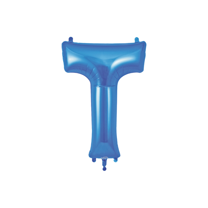 Blue 34in letter T foil balloon with glossy finish for birthday or celebration parties – from Parte Haus party supply store in Bethesda, MD.