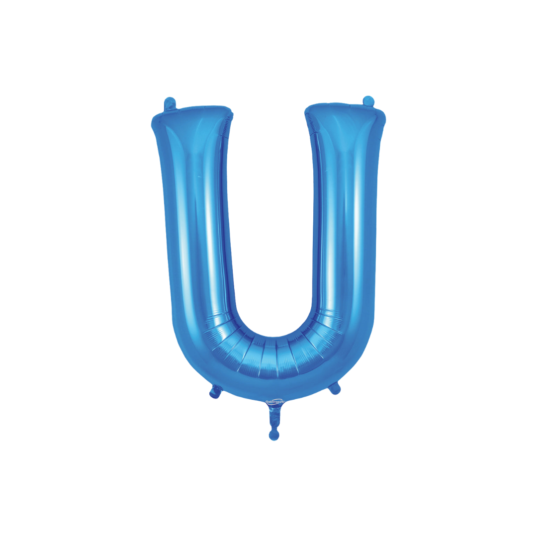 Blue 34in letter U foil balloon with glossy finish for birthday or celebration parties – from Parte Haus party supply store in Bethesda, Maryland.
