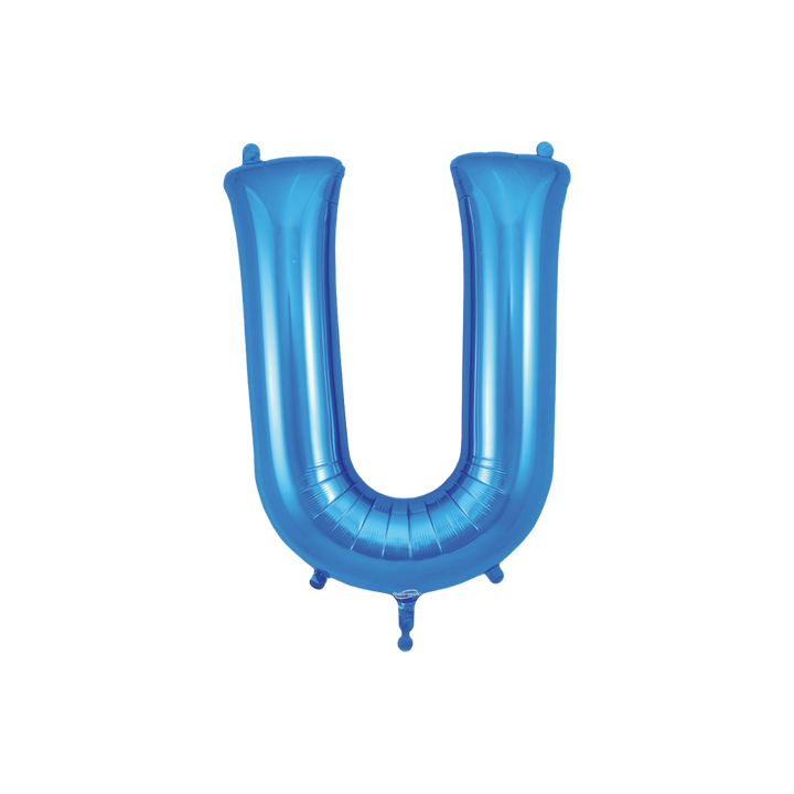 Blue 34in letter U foil balloon with glossy finish for birthday or celebration parties – from Parte Haus party supply store in Bethesda, Maryland.