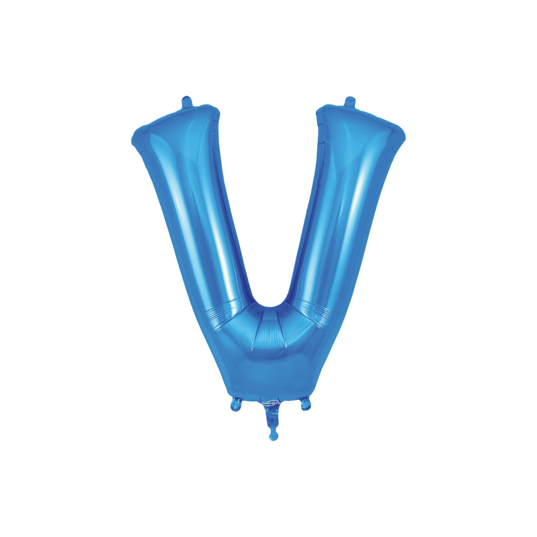 Blue 34in letter V foil balloon with glossy finish for birthday or celebration parties – from Parte Haus party supply store in Bethesda, MD.