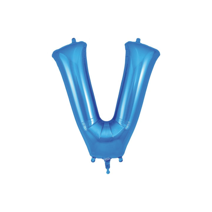 Blue 34in letter V foil balloon with glossy finish for birthday or celebration parties – from Parte Haus party supply store in Bethesda, MD.