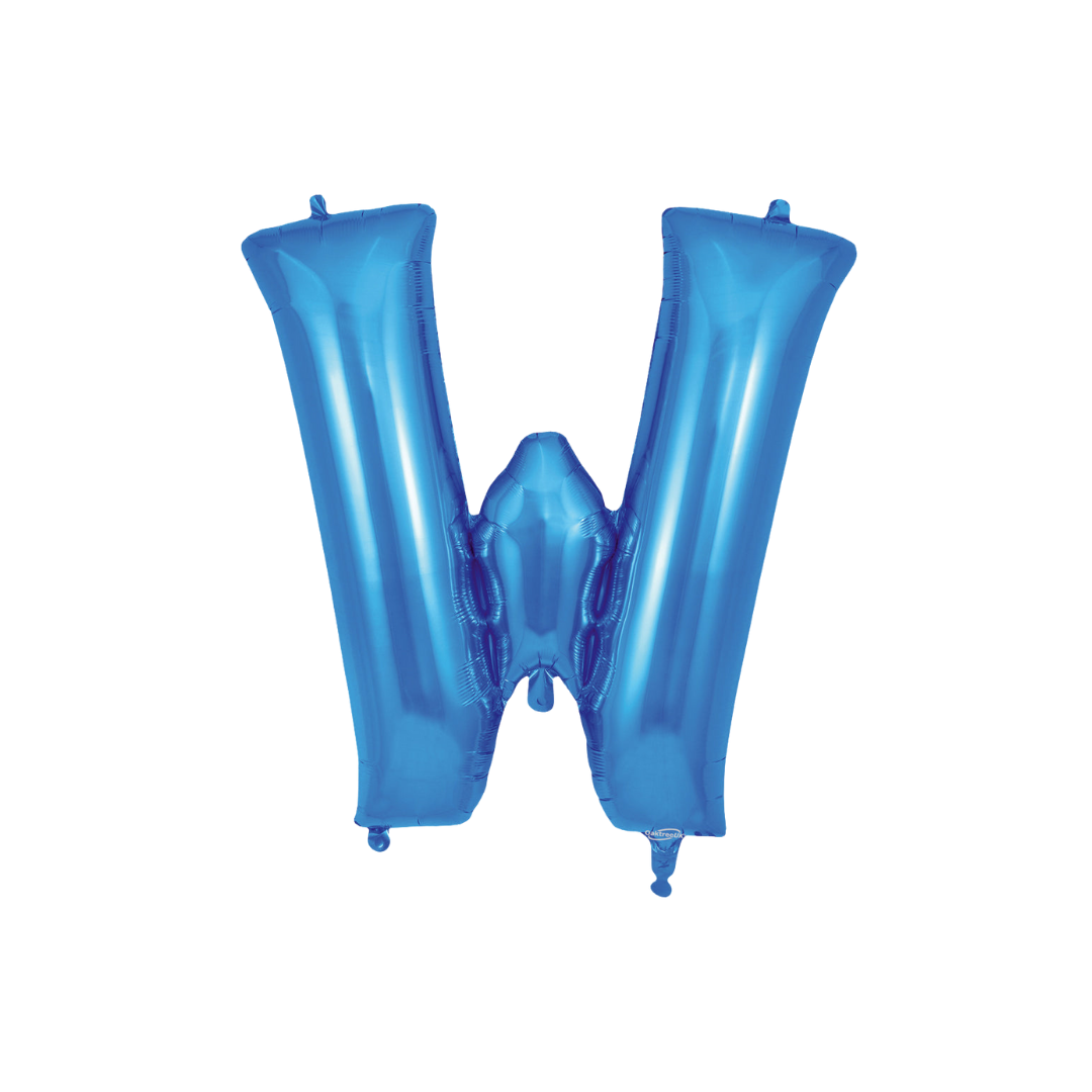 Blue 34in letter W foil balloon with glossy finish for birthday or celebration parties – from Parte Haus party supply store in Bethesda, Maryland.