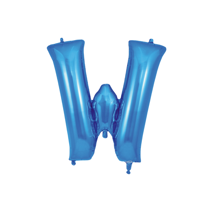 Blue 34in letter W foil balloon with glossy finish for birthday or celebration parties – from Parte Haus party supply store in Bethesda, Maryland.