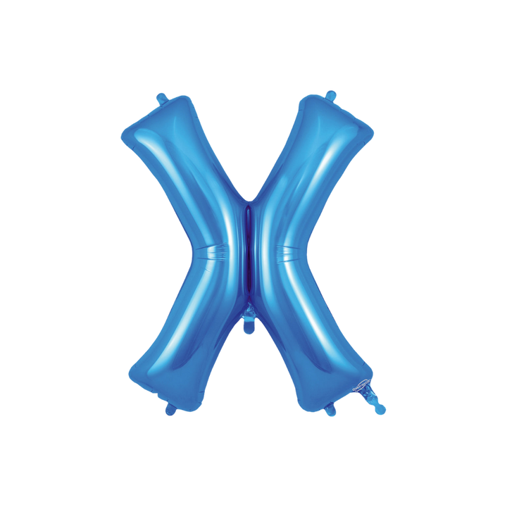 Blue 34in letter X foil balloon with glossy finish for birthday or celebration parties – from Parte Haus party supply store in Bethesda, MD.