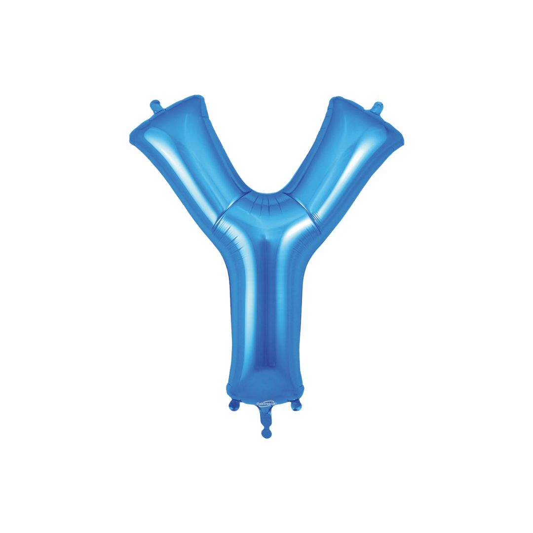 Blue 34in letter Y foil balloon with glossy finish for birthday or celebration parties – from Parte Haus party supply store in Bethesda, Maryland.