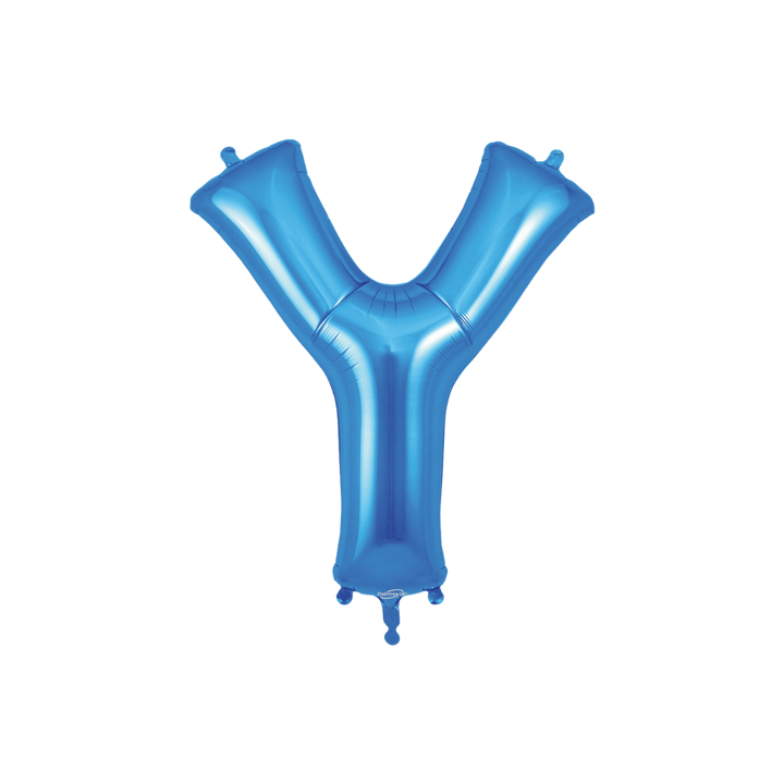 Blue 34in letter Y foil balloon with glossy finish for birthday or celebration parties – from Parte Haus party supply store in Bethesda, Maryland.