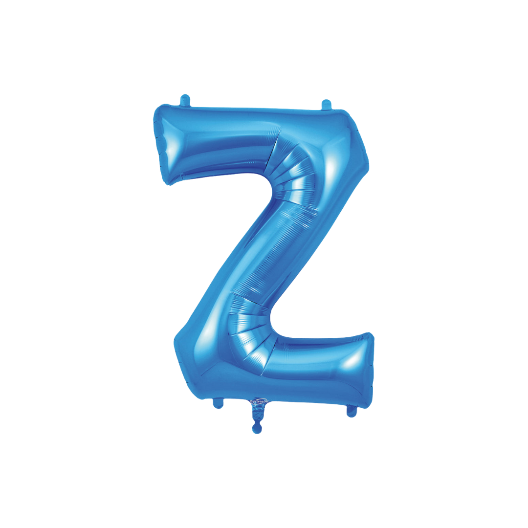 Blue 34in letter Z foil balloon with glossy finish for birthday or celebration parties – from Parte Haus party supply store in Bethesda, MD.
