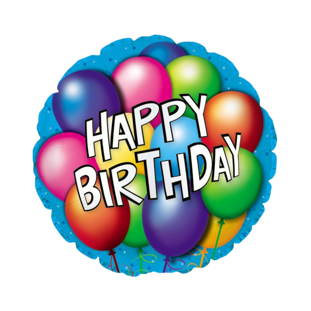 Blue multicolor 18in happy birthday foil balloon with bright balloon design – from Parte Haus party supply store in Bethesda, MD.