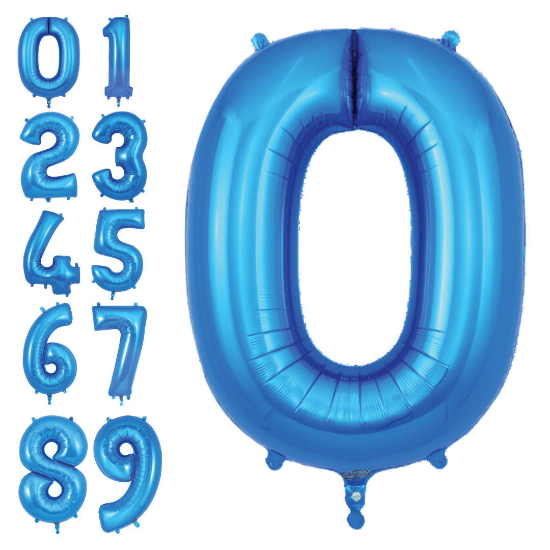 Blue 34in number 0–9 foil balloon with glossy finish for birthday or anniversary parties – from Parte Haus party supply store in Bethesda, Maryland.