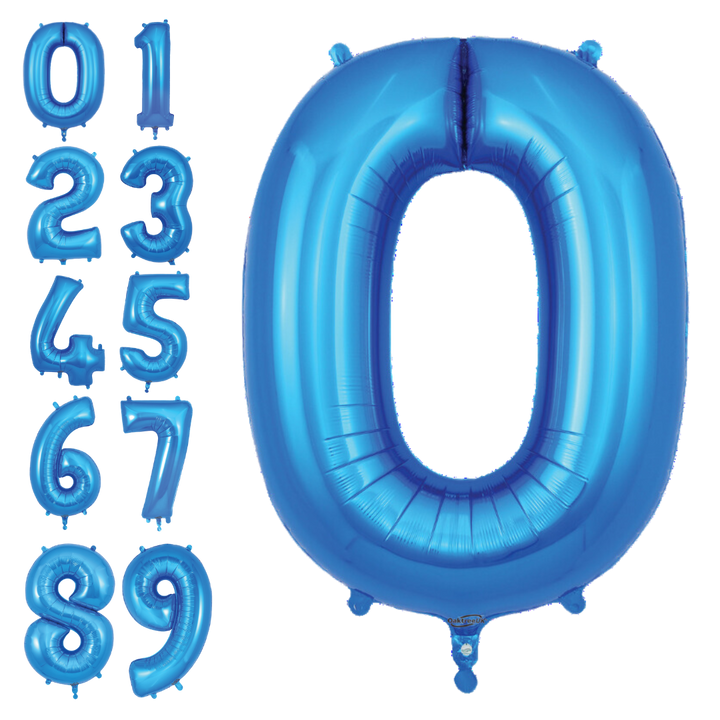 Blue 34in number 0–9 foil balloon with glossy finish for birthday or anniversary parties – from Parte Haus party supply store in Bethesda, Maryland.