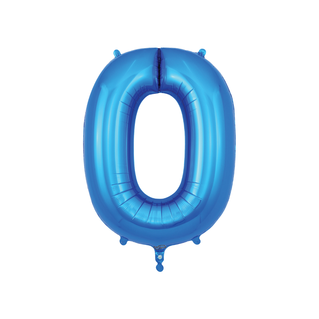 Blue 34in number 0 foil balloon with glossy finish for birthday or anniversary parties – from Parte Haus party supply store in Bethesda, MD.