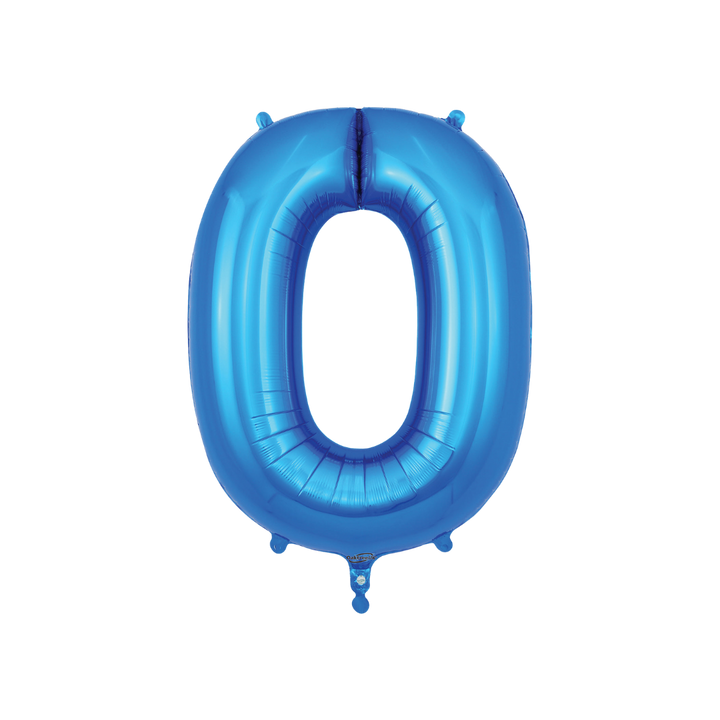 Blue 34in number 0 foil balloon with glossy finish for birthday or anniversary parties – from Parte Haus party supply store in Bethesda, MD.