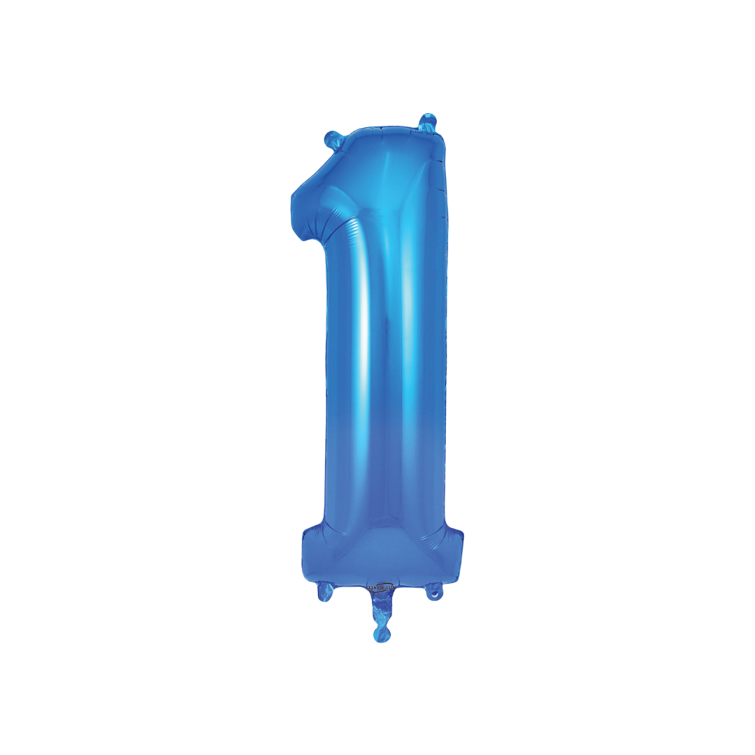 Blue 34in number 1 foil balloon with glossy finish for birthday or anniversary parties – from Parte Haus party supply store in Bethesda, MD.