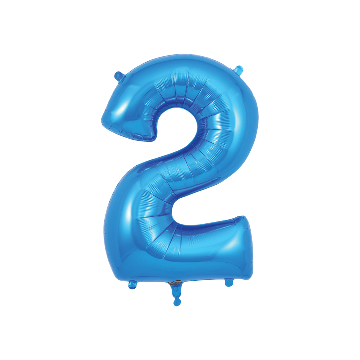 Blue 34in number 2 foil balloon with glossy finish for birthday or anniversary parties – from Parte Haus party supply store in Bethesda, Maryland.