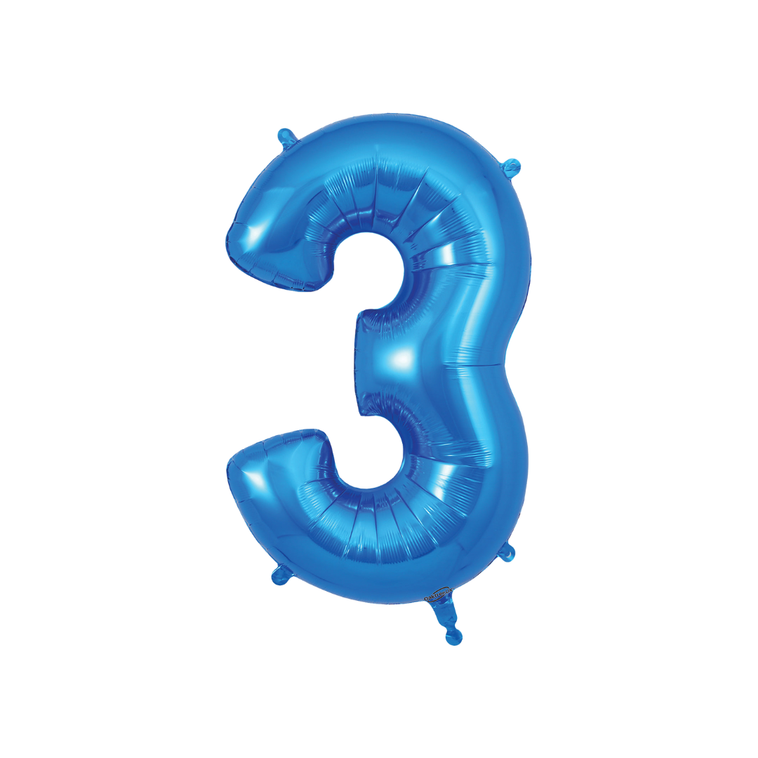 Blue 34in number 3 foil balloon with glossy finish for birthday or anniversary parties – from Parte Haus party supply store in Bethesda, MD.