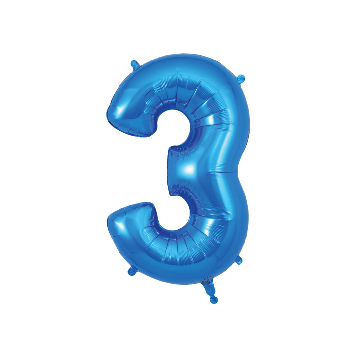 Blue 34in number 3 foil balloon with glossy finish for birthday or anniversary parties – from Parte Haus party supply store in Bethesda, MD.