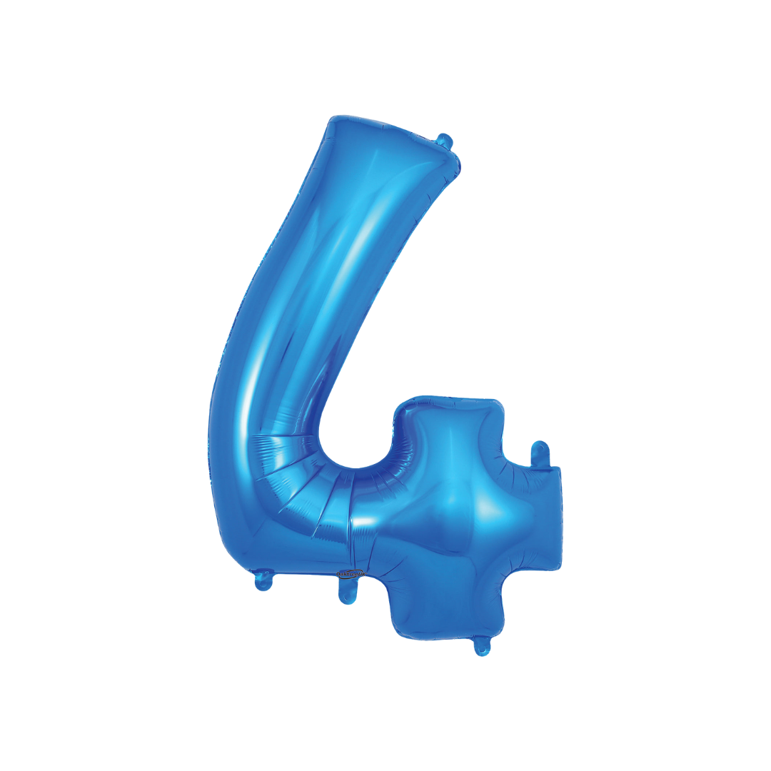Blue 34in number 4 foil balloon with glossy finish for birthday or anniversary parties – from Parte Haus party supply store in Bethesda, Maryland.
