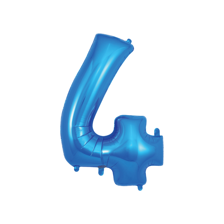 Blue 34in number 4 foil balloon with glossy finish for birthday or anniversary parties – from Parte Haus party supply store in Bethesda, Maryland.